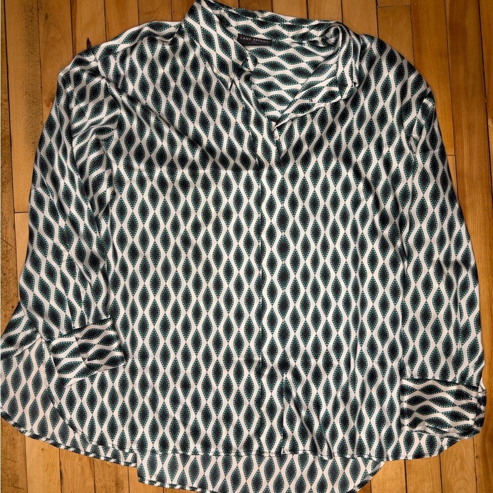 Lane Bryant Green Black and White Diamond Print Blouse